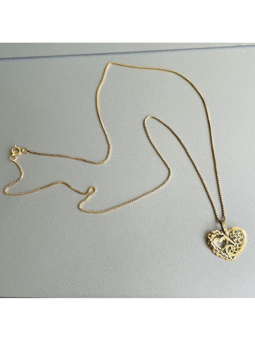 14k Yellow Gold Diamond Cut Ornate Open Heart Charm Pendant Necklace - Picture 4 of 8